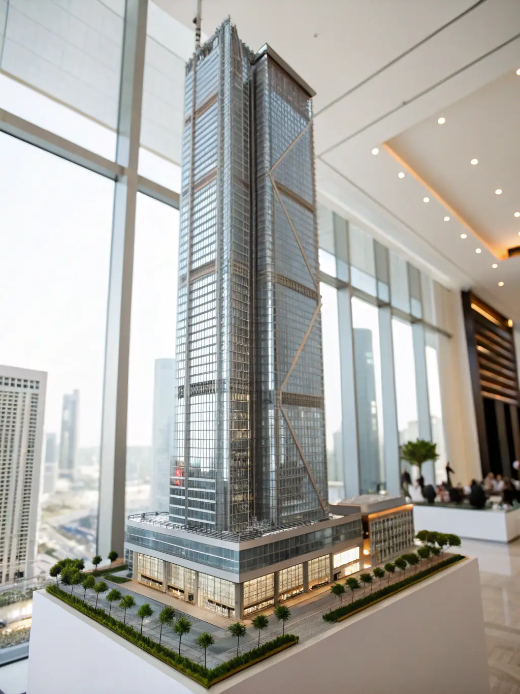 A photograph of a modern architectural model, emphasizing clean lines and innovative design, set in a brightly lit studio.